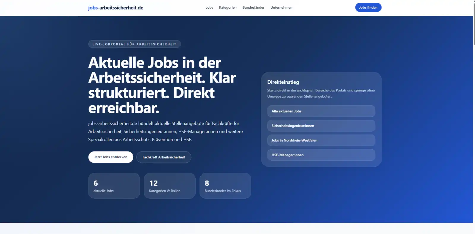 jobs-arbeitssicherheit.de konzentriert sich auf Stellen rund um Arbeitssicherheit. Hauptansicht